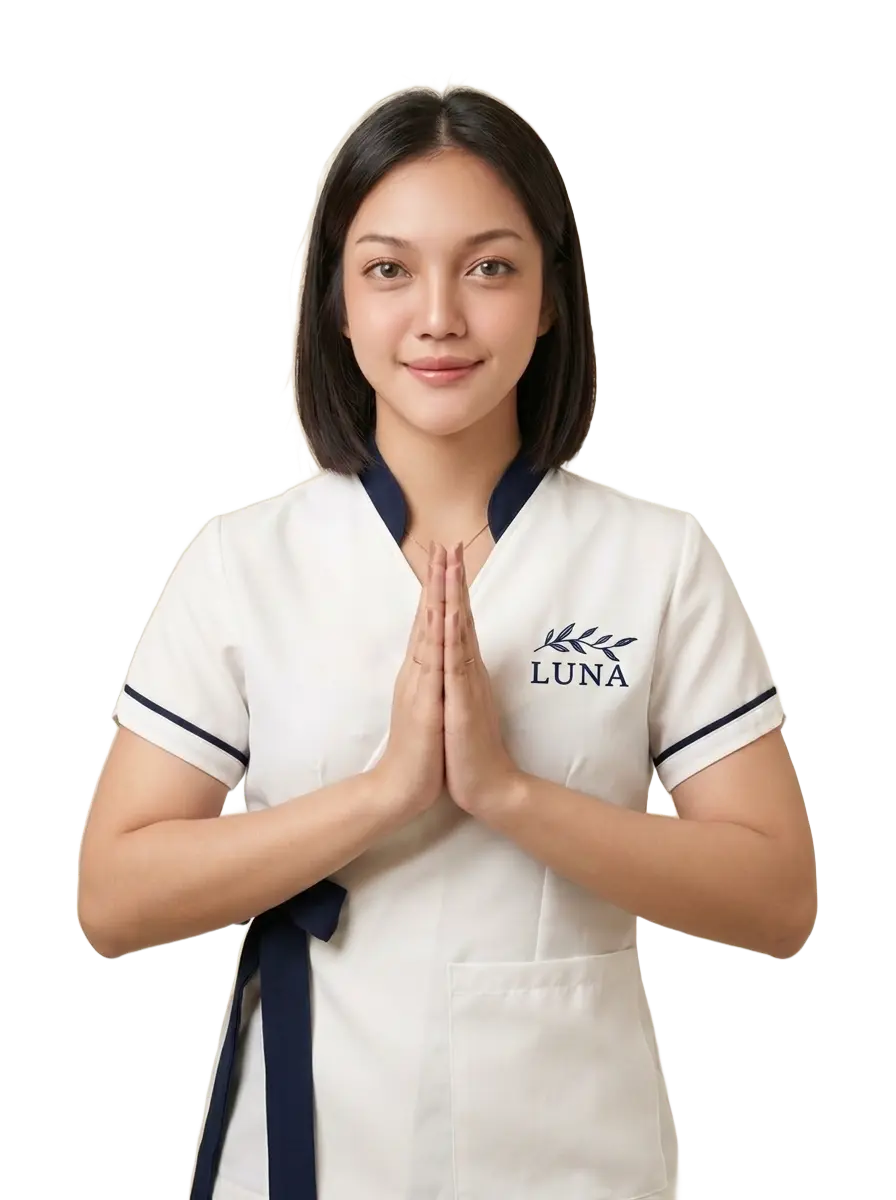A Luna therapist standing calmly with hands together in a namaste, ready to come to you