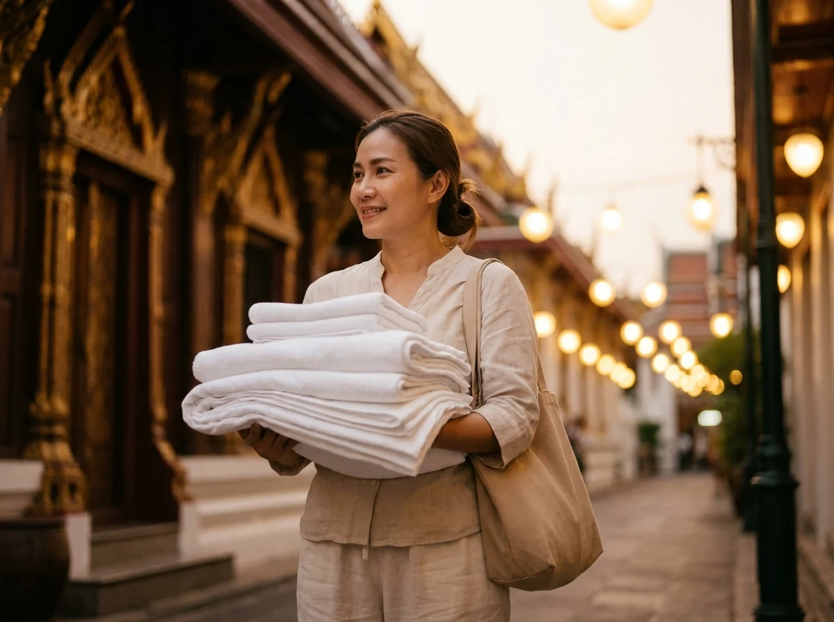 A Luna therapist heading to a client in Bangkok at dusk, carrying fresh, clean sheets for the bed and a small canvas tote for the massage